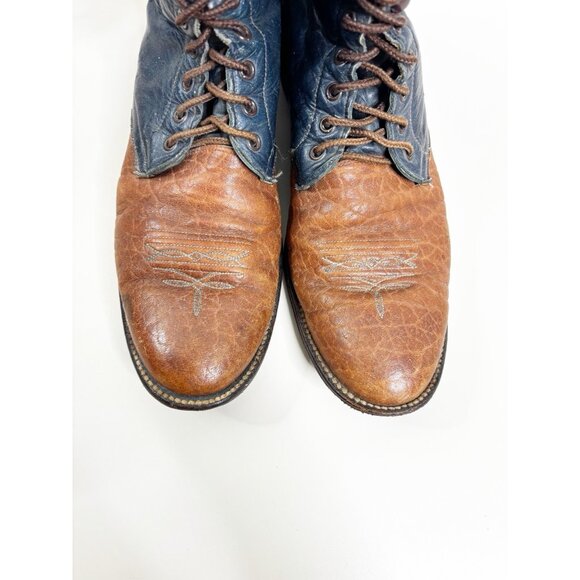 VTG Hondo Sz 12.5 A  Narrow Men Lace Up Boots Leather Brown/Blue GUC main image 7